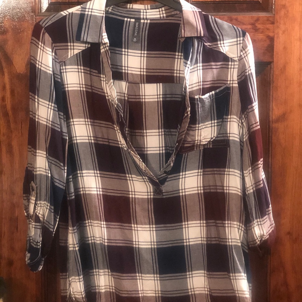 V Neck Long Sleeve Flannel Blouse